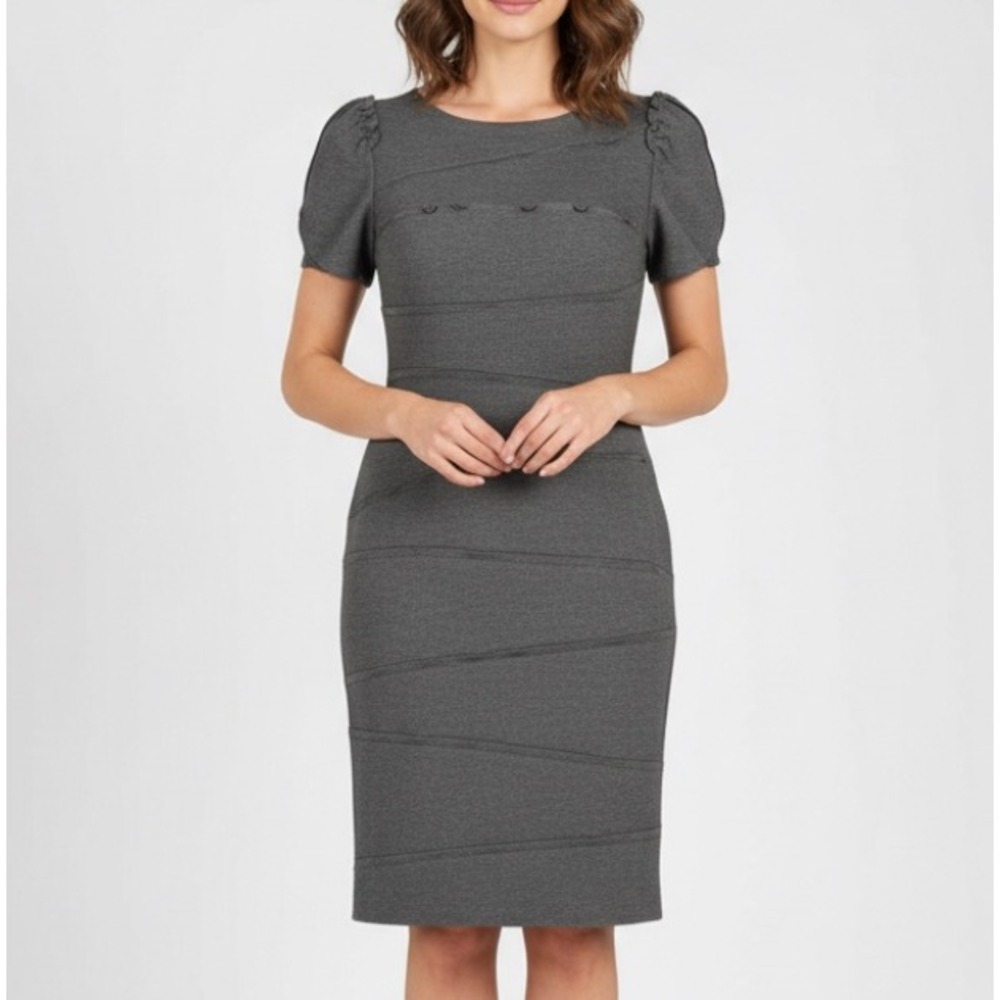 SUZI CHIN Maggy Boutique PONTE KNIT GRAY DRESS Tiered Mini Ruffles SHEATH sz 6